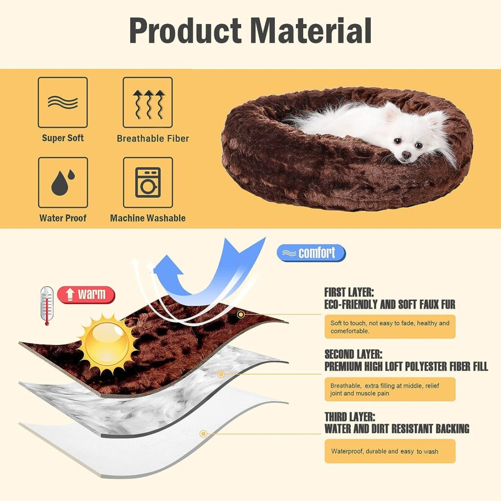 veehoo Warming Round Dog Bed for Dogs  Cats, Luxurious Faux Fur Donut Cuddler, Bolster Pet Bed  Sofa, Extra Plush Dog Pillow  Couch, Machine Washable, Chocolate