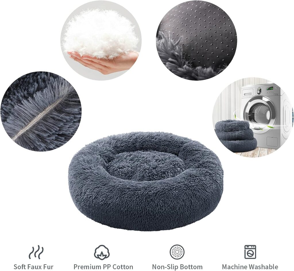 YOJOGEE Calming Donut Puppy Bed for Medium Small Dogs Cats, Fluffy Anti Anxiety Washable Non-Slip Plush Cuddler Warming Round Faux Fur Pet Bed