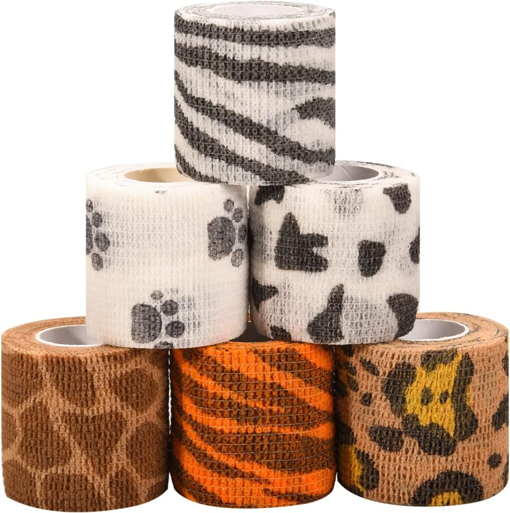 6 Rolls Pet Vet Wrap Self Adhesive Cohesive Bandage Paw Leopard Print Non-Woven Elastic Breathable Injury Wrap Tape for Wrist, Ankle Sprains  Swelling