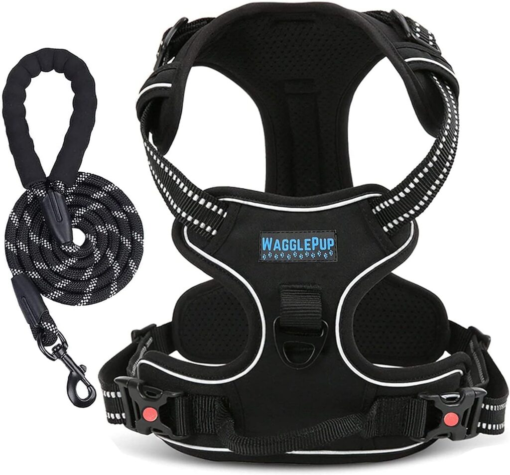Anti Pull Dog Harness Medium and Dog Lead set with 2 leash clips, Adjustable, Reflective, Premium Soft Padded Oxford Cotton Pet Vest Harness for Training or Walking, Black