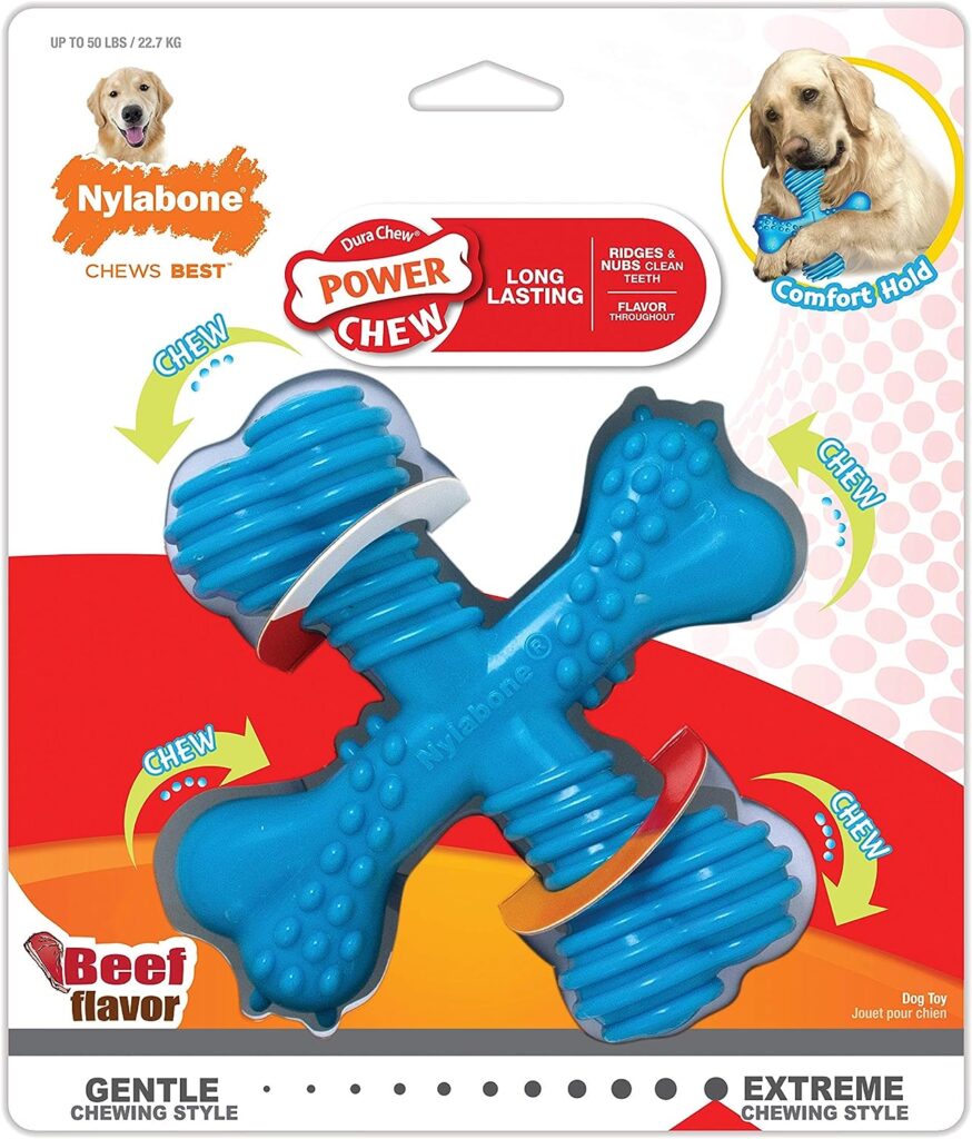 Nylabone Extreme Tough Dog Chew Toy X-Bone, Durable, Cleans Teeth, Beef Flavour, Large, for Dogs Up to 23 kg