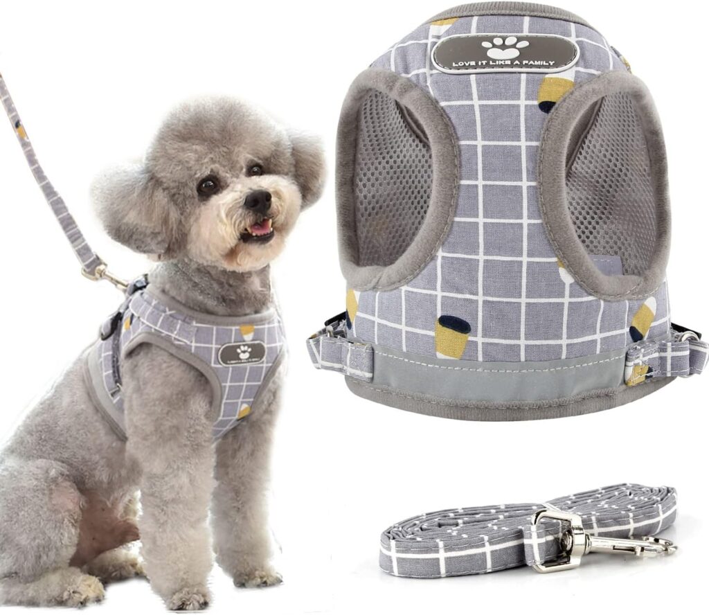 Small Dog Harness,Dog Harness and Lead Set with Reflective Design,Comfortable and Breathable,Adjustable Step-In Medium Small Dog Cat Harness for Walking and Training Outdoors(M,grid Gray)