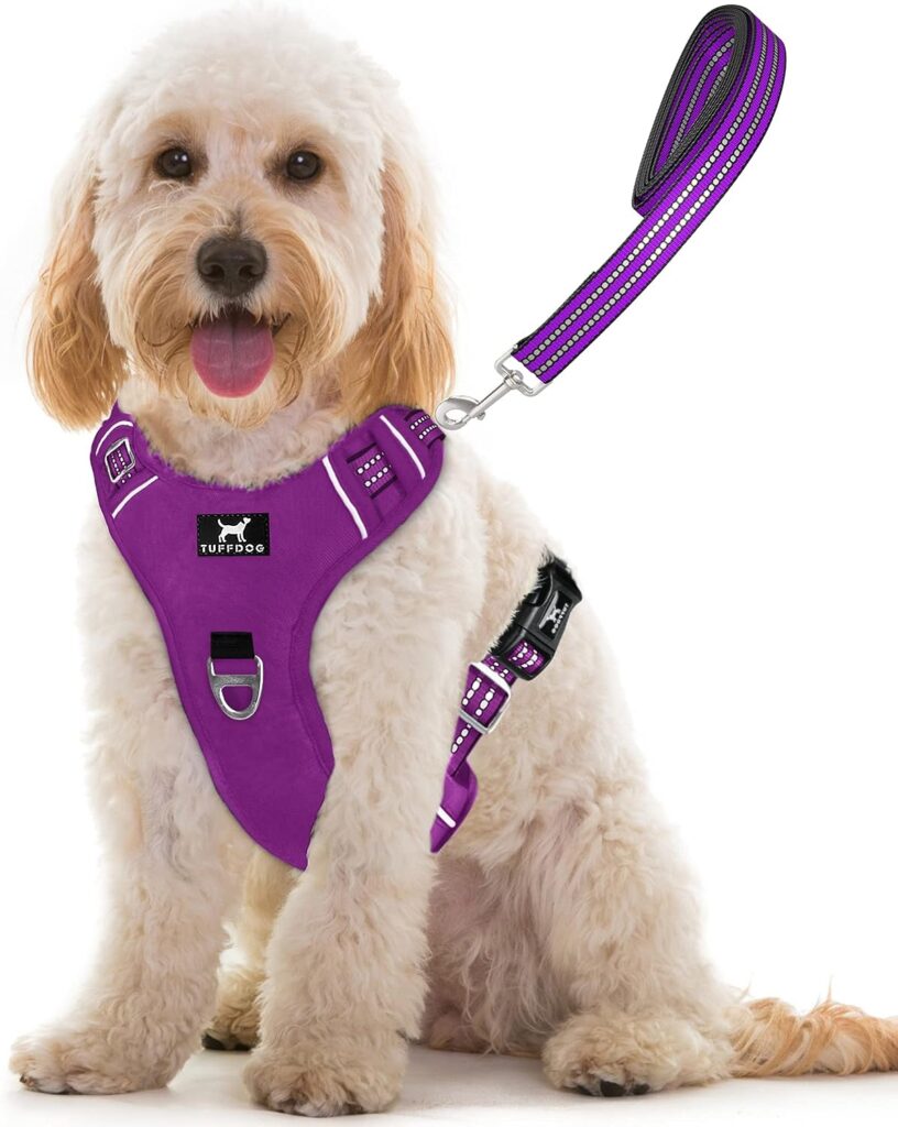 TUFFDOG Easy-Fit Dog Harness Medium - Fast Release Neck Clip, Premium Padded Reflective No Pull Harness with Control Handle, Adjustable Step-in Dog Vest Plus Free Matching Lead (M, Vivid Violet)