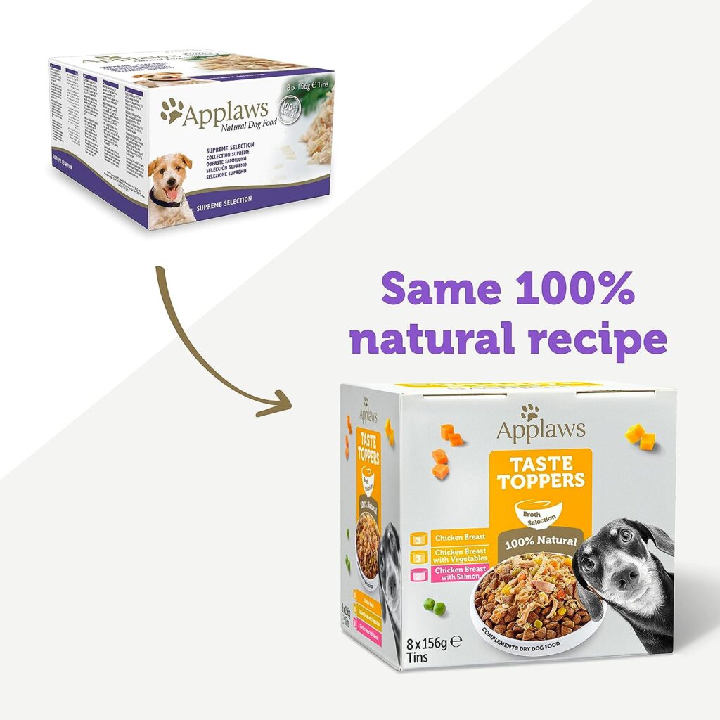 Applaws 100% Natural Wet Dog Food Topper, Chicken Selection in Broth, 156g Tin (Pack of 8)