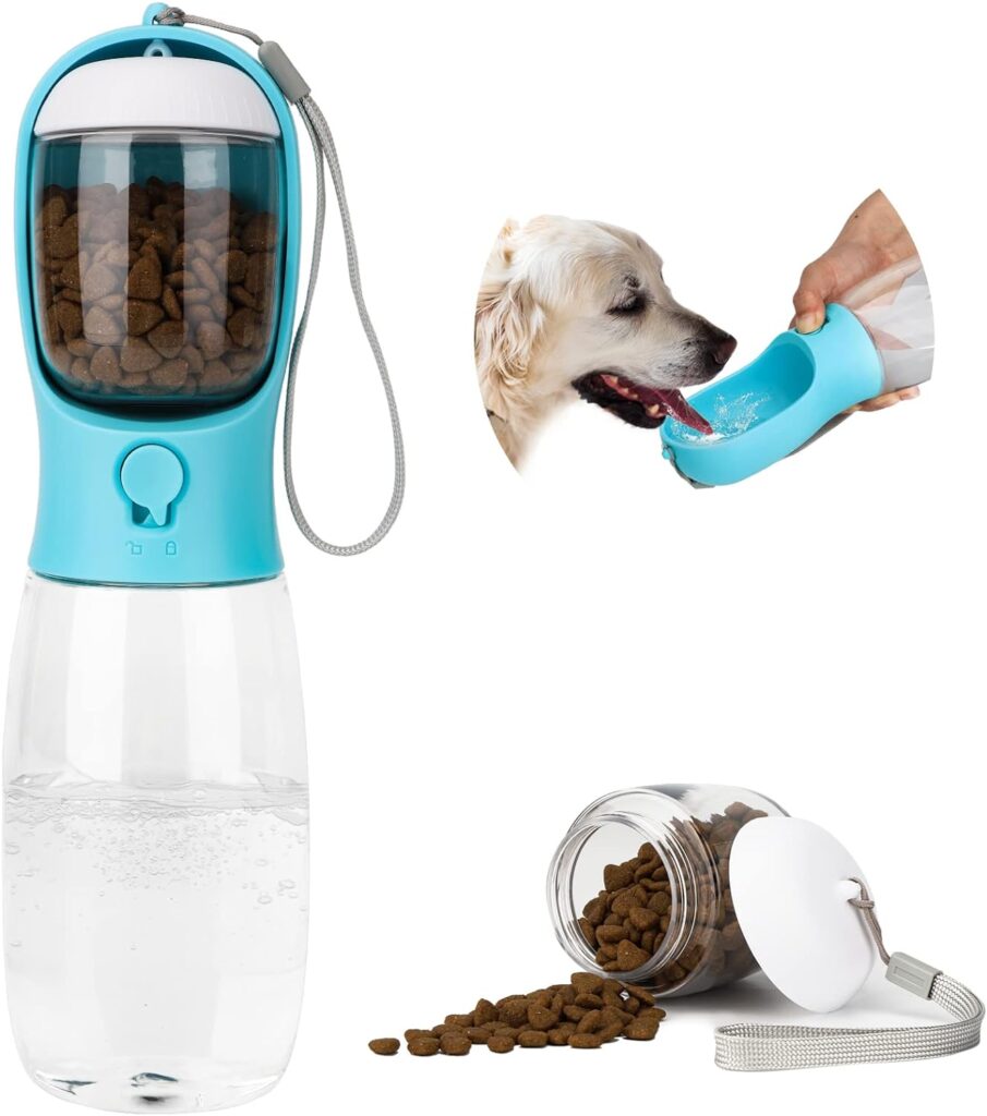 Dog Water Bottle with Food Container - Upgraded 550ml Dog Drinking Bottle Antibacterial with Activated Carbon Filter, Portable Pets Water Bottle BPA Free for Dogs Cats Rabbits Puppy Outdoor Walking