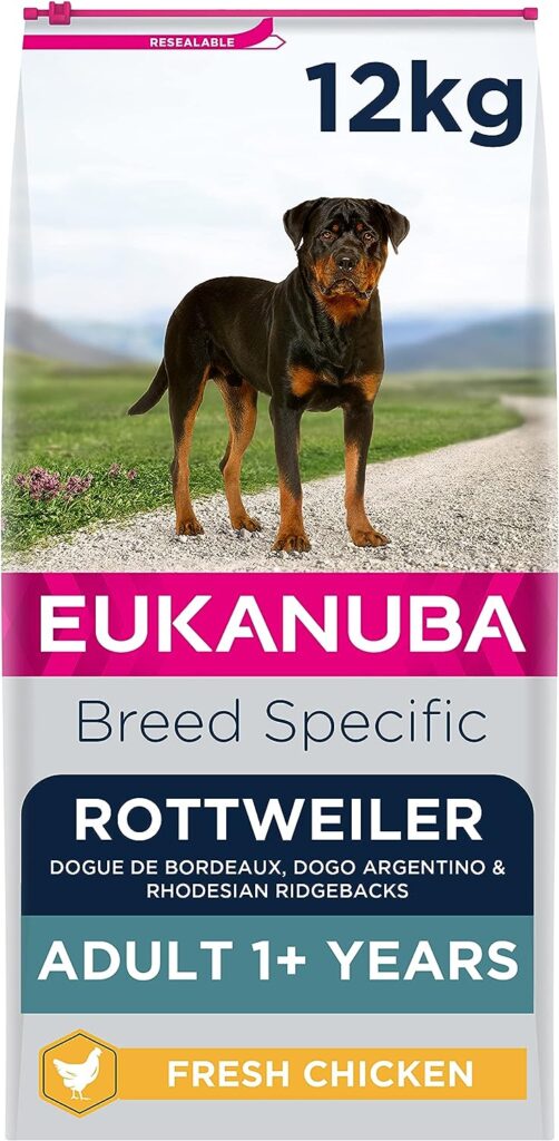 Eukanuba Complete Dry Dog Food for Adult Rottweiler Breed Types with Fresh Chicken 12 kg, Packaging may vary