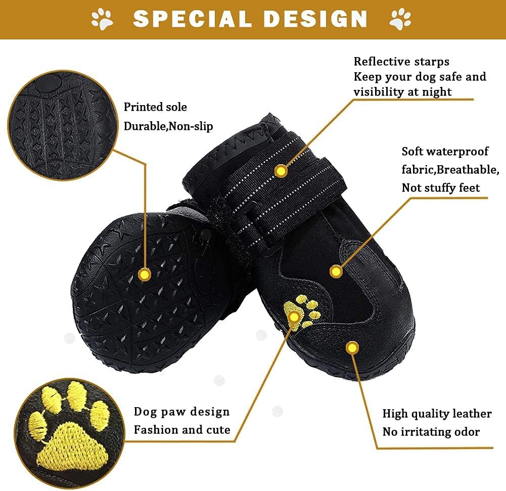 HuaTek Dog Boots, Dog Shoes, Waterproof Dog Boots, Dog Outdoor Shoes for Medium to Large Dogs with Two Reflective Fastening Straps and Rugged Anti-Slip Sole (Black 4PCS).