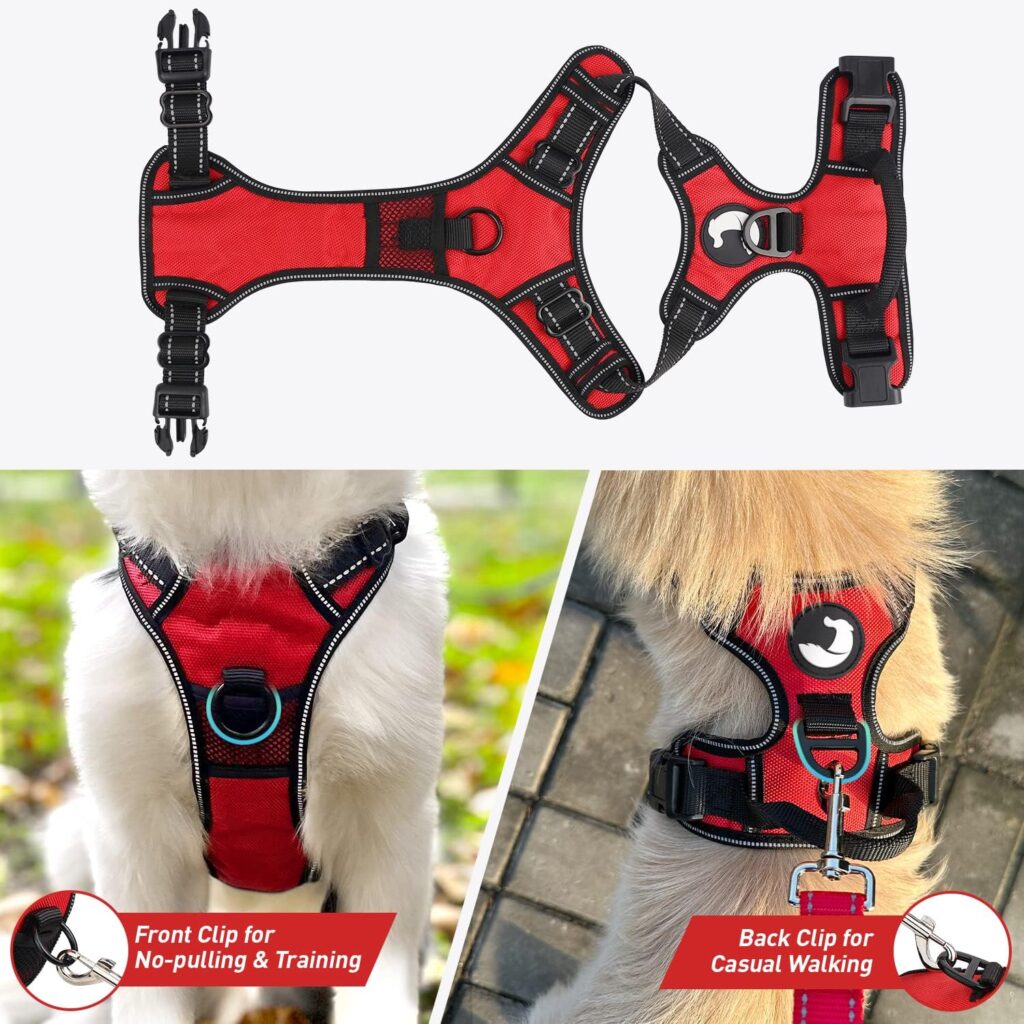 Joytale Dog Harness No Pull, Reflective Pet Vest Harnesses with Front Back 2 Lead Clips, Soft Breathable Harness with Easy Control Handle for Large Dogs Training and Walking, Red, L