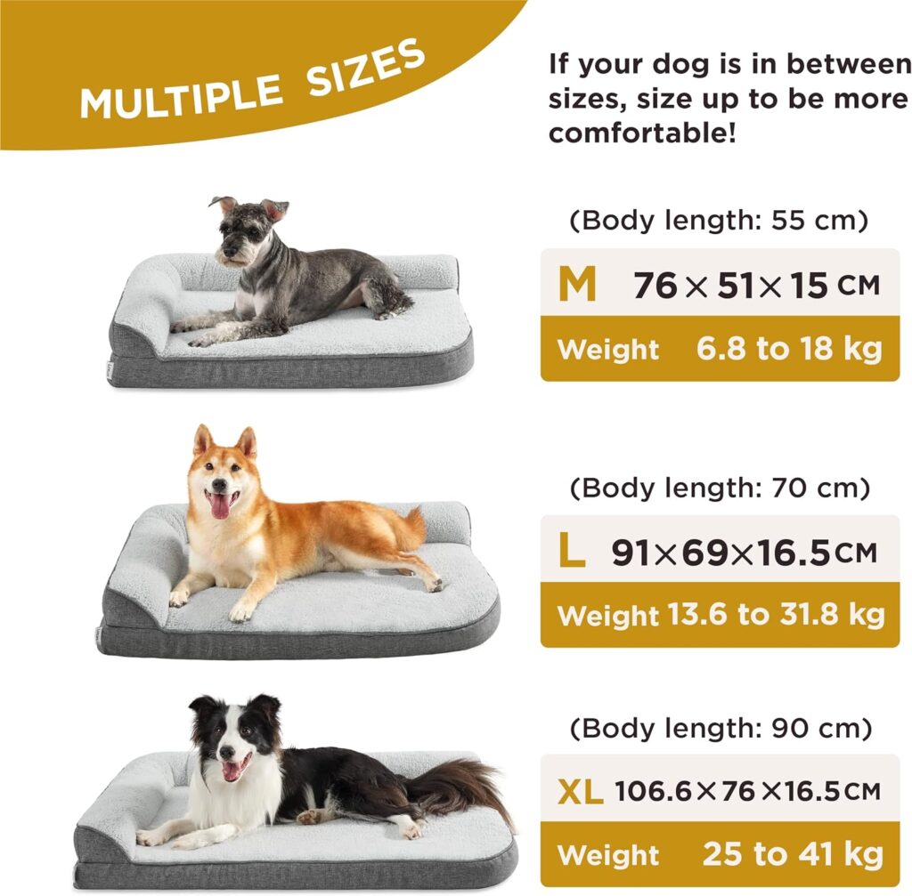 Lesure Medium Dog Bed Washable - Orthopedic Dog Sofa Bed with Waterproof Removable Cover, Small Pet Beds for Puppy with L-Shape Bolster, Grey Squre Pet Bed Fits up to 18kg, 76x51x15cm