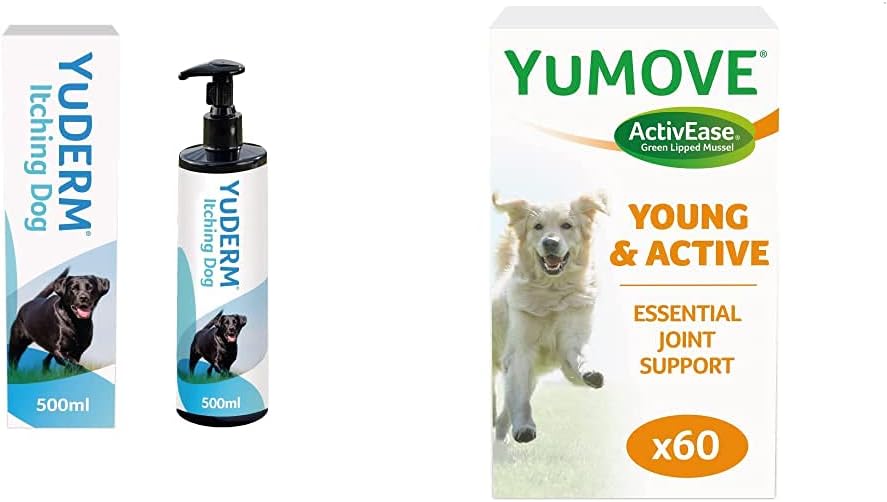 Lintbells | YuDERM Itching Dog Formerly YuMEGA | Itchy or Sensitive Skin Supplement | 500 ml Bottle  YuMOVE Young and Active Dog | Hip and Joint Supplement for Dogs Aged Under 6 | 60 Tablets