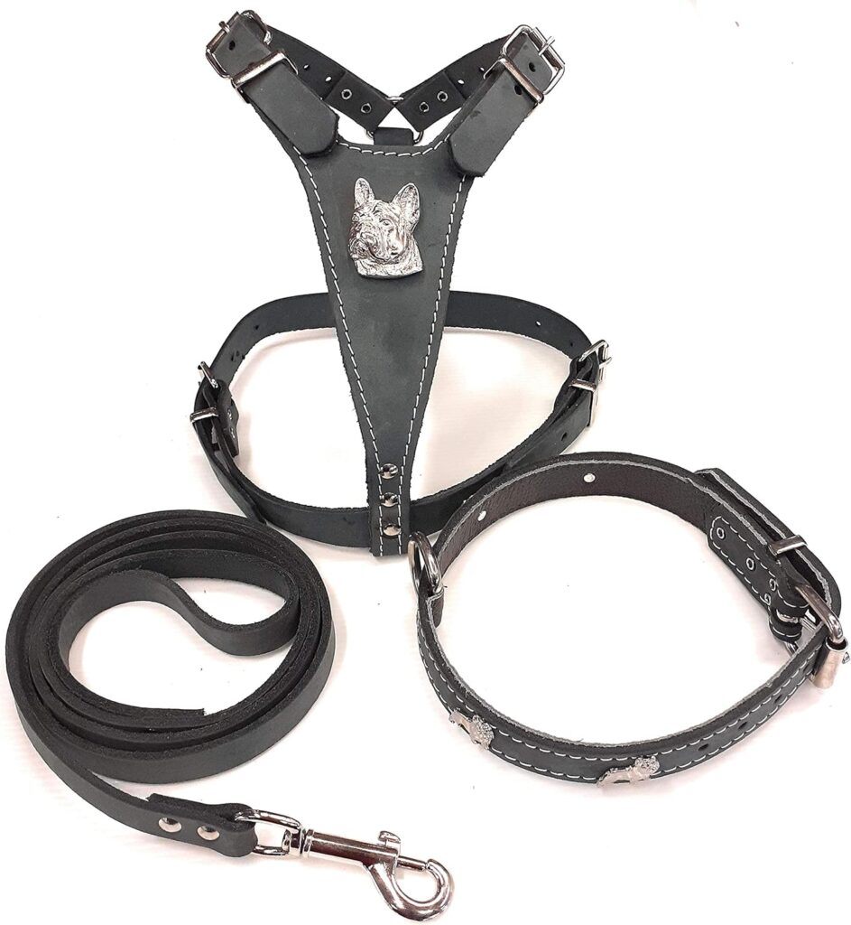 MD Beautiful Grey Set Leather Dog Harness, Collar and Lead Medium Size with French Bulldog Badges