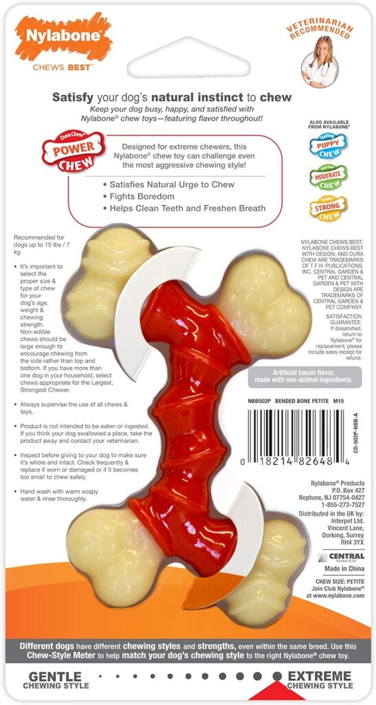 Nylabone Extreme Tough Dog Chew Toy, Double Bend Bone, Cleans Teeth, Bacon Flavour, Extra Small, for Dogs over 7 kg