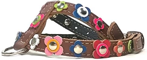 Original Brown Leather Dog Harness for Medium Size Dogs with Optional Lead Set, Floral Vintage with Fancy Colourful Flowers Pink Green Blue White