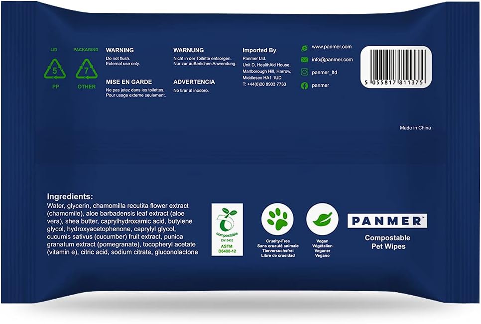 PANMER Pet Dog Wipes For All Pets Eco-Friendly Hypoallergenic Unscented Cleaning Wipes (20 Travel)