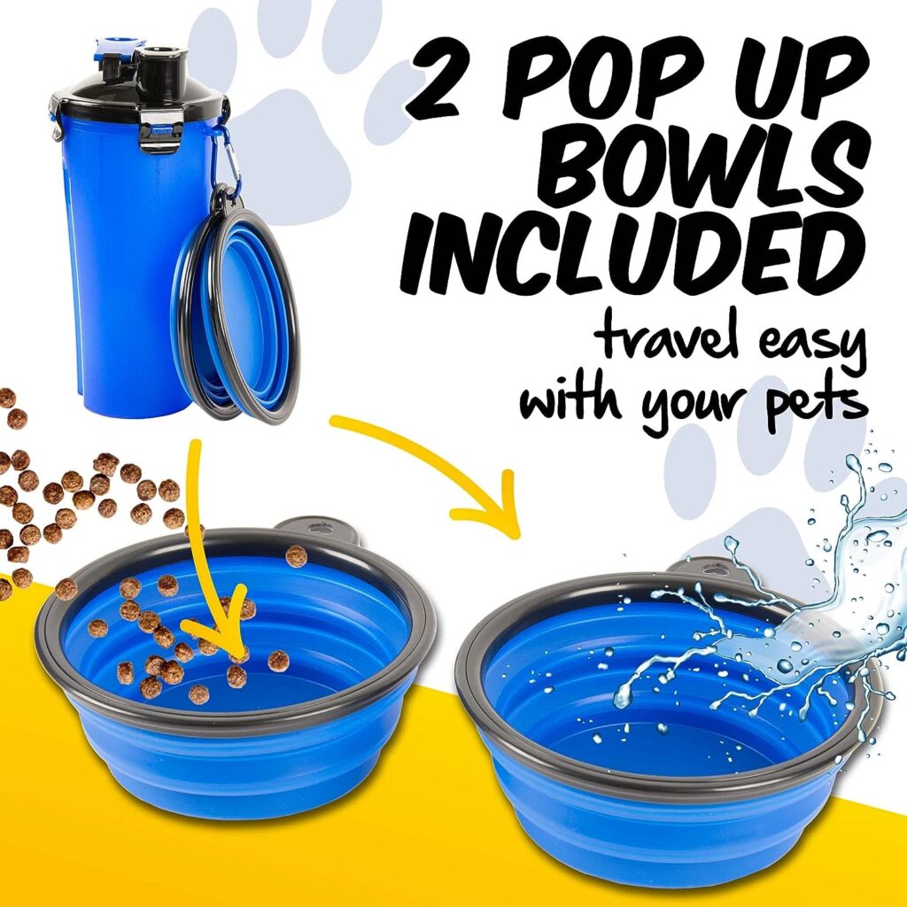 PawPride Dog Water Bottle - 2 in 1 Portable Dog Water and Food Bottle with 2 Collapsible Pop-up Bowls, Leakproof Bottle with 2 Compartments for Travel, Camping, Hiking
