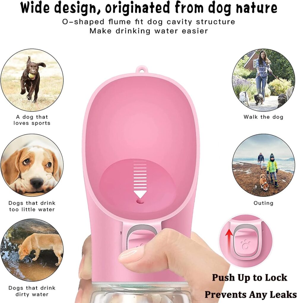 PENYUY Portable Dog Water Bottle 350ml, Pet Water Dispenser Antibacterial Food Grade Leak Proof Dog Cat Travel Drink Bottle Bowl, Pet Outdoor Drinking Cup Dog Gift(Pink)