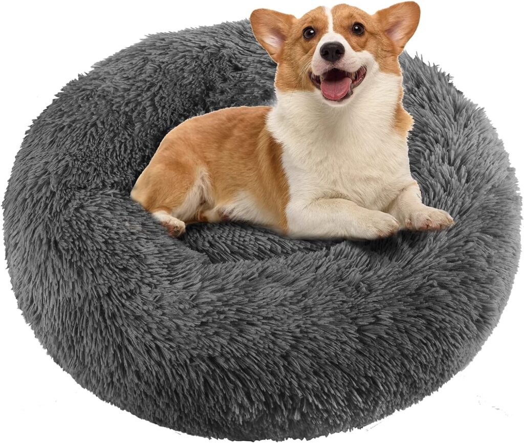 LONENESSL Calming Dog Cat Bed, Soft Plush Donut Pet Bed, Fluffy Cuddler Round Dog Cushion, 60cm Fluffy Pet Bed for Medium Small Dogs and Cats, Improving Sleep and Warm, with Anti Slip Base(Dark Grey)