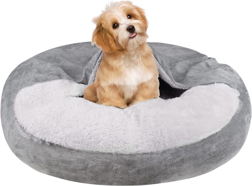 MICOOYO Hooded Dog Bed Medium - Cozy Donut Dog Blanket Bed for Doggie, Claming Pet Caved Bed for Cats Puppies (Medium, Grey)