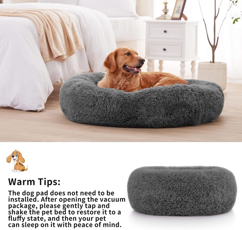 PETORREY Calming Dog Bed Round Donut Cuddler Warming and Comfortable Pet Bed Anti-Anxiety Faux Fur Fluffy Cat Bed, Ultra Soft Washable(Grey Large)